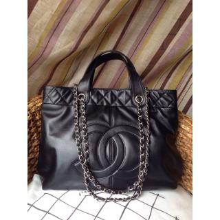 Knockoff Chanel Sheepskin Leather Shoulder Tote Bag Black