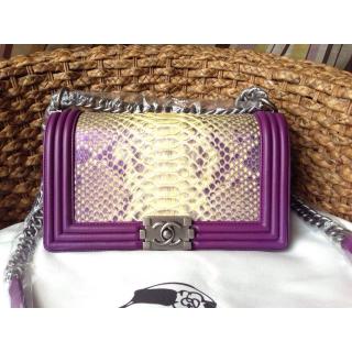 Knockoff Hot Chanel Le Boy Flap Shoulder Medium Bag In Original Python Leather White&Purple Online Sale