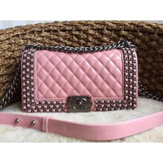 Luxury Chanel Boy Flap Bag A92871 Pink Embellished With Interlaced Chain 2015