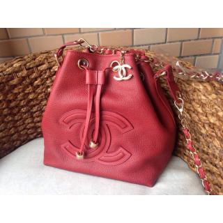 Luxury Chanel Calfskin Leather Drawstring Bucket Shoulder Bag Red