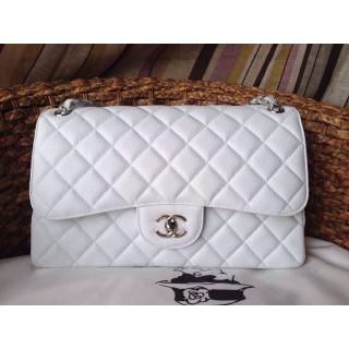 Luxury Chanel Clemence Leather Classic Double Flap Shoulder Bag White