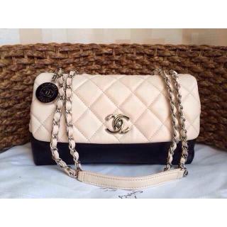 Luxury Chanel Clemence Leather Classic Double Flap Shoulder Bag with Chanel Badge White