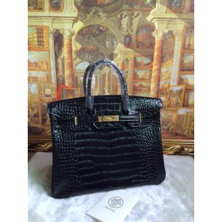 Luxury Hermes Birkin 30/35 Crocodile Pattern Leather Bag Black