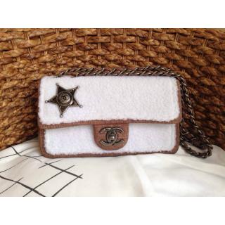 Luxury Imitation Chanel Shearling Flap Bag White Embellished With a Sheriff Star Fall 2014