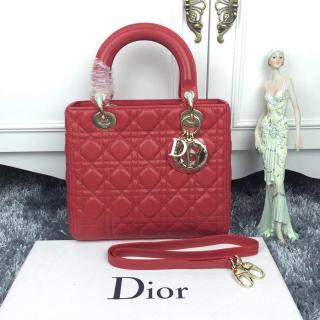 Luxury Lady Dior Medium Bag in Lambskin Leather Red Gold Hardware