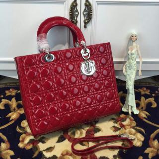 Quality Lady Dior Large Bag in Patent Leather Red With Silver Hardware