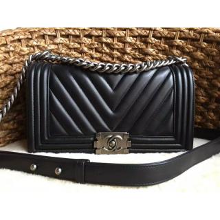 Replica AAAAA Chanel Calfskin Chevron Quilting Boy Flap Bag Black 2015