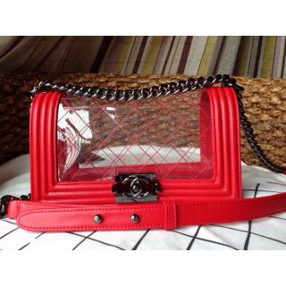 Replica Best Chanel Le Boy Clear PVC Flap Shoulder Bag Red