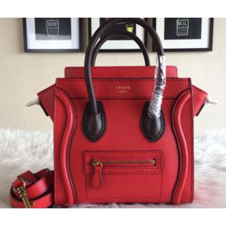 Replica Celine Luggage Nano Bag in Original Grained Leather Red&Coffee