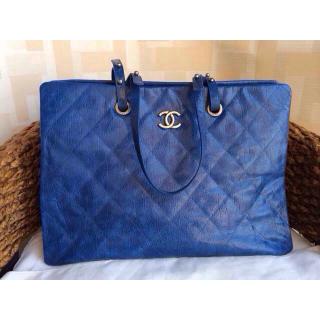 Replica Chanel Cerf Leather Shoulder Tote Bag Blue 2014