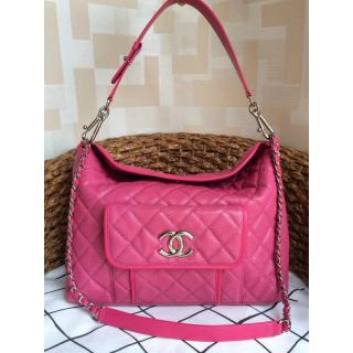 Replica Chanel Grained Calfskin Leather Shoulder Tote Bag Fushia