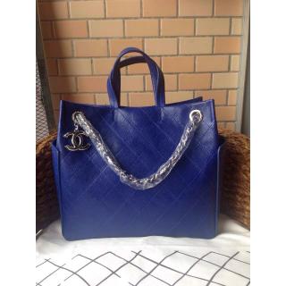 Replica Chanel Hampton Calfskin Leather Shoulder Tote Bag Blue 2014