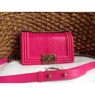 Replica Chanel Le Boy Flap Shoulder Small Bag In Original Python Leather Fushia