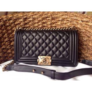 Replica Chanel Le Boy Lambskin Leather Flap Shoulder Bag Black