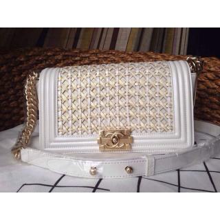 Replica Chanel Leather Braided Le Boy Flap Shoulder Bag White