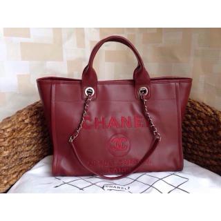 Replica Chanel Leather with Embroidery CC Logo Shopping Tote Bag Date Red