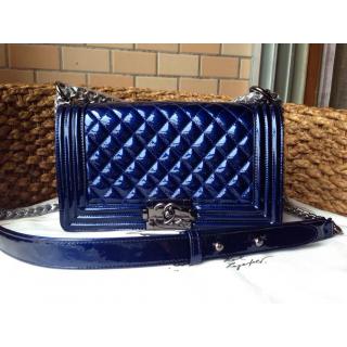 Replica Chanel Medium Metallic Patent Leather Le Boy Flap Shoulder Bag Blue