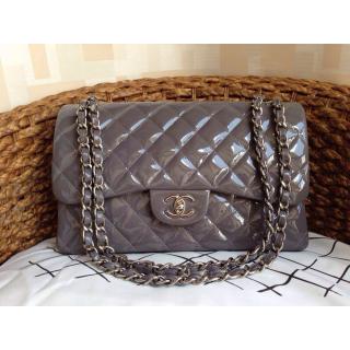 Replica Chanel Patent Leather Classic Double Flap Shoulder Bag Gray