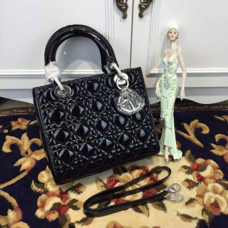 Replica Lady Dior Medium Bag in Patent Leather Black With Silver Hardware USA