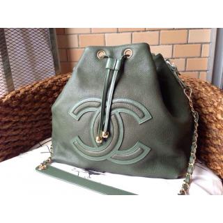 Top Chanel Calfskin Leather Drawstring Bucket Shoulder Bag Green UK