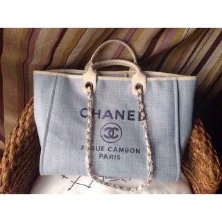 Top Chanel Deauville Canvas Tote Bag Light Blue Cruise 2014 US