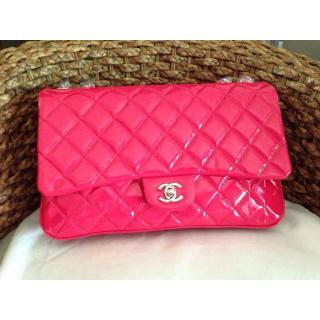 Top Chanel Lambskin Patent 3 Jumbo Flap Bag A94024 Fushia